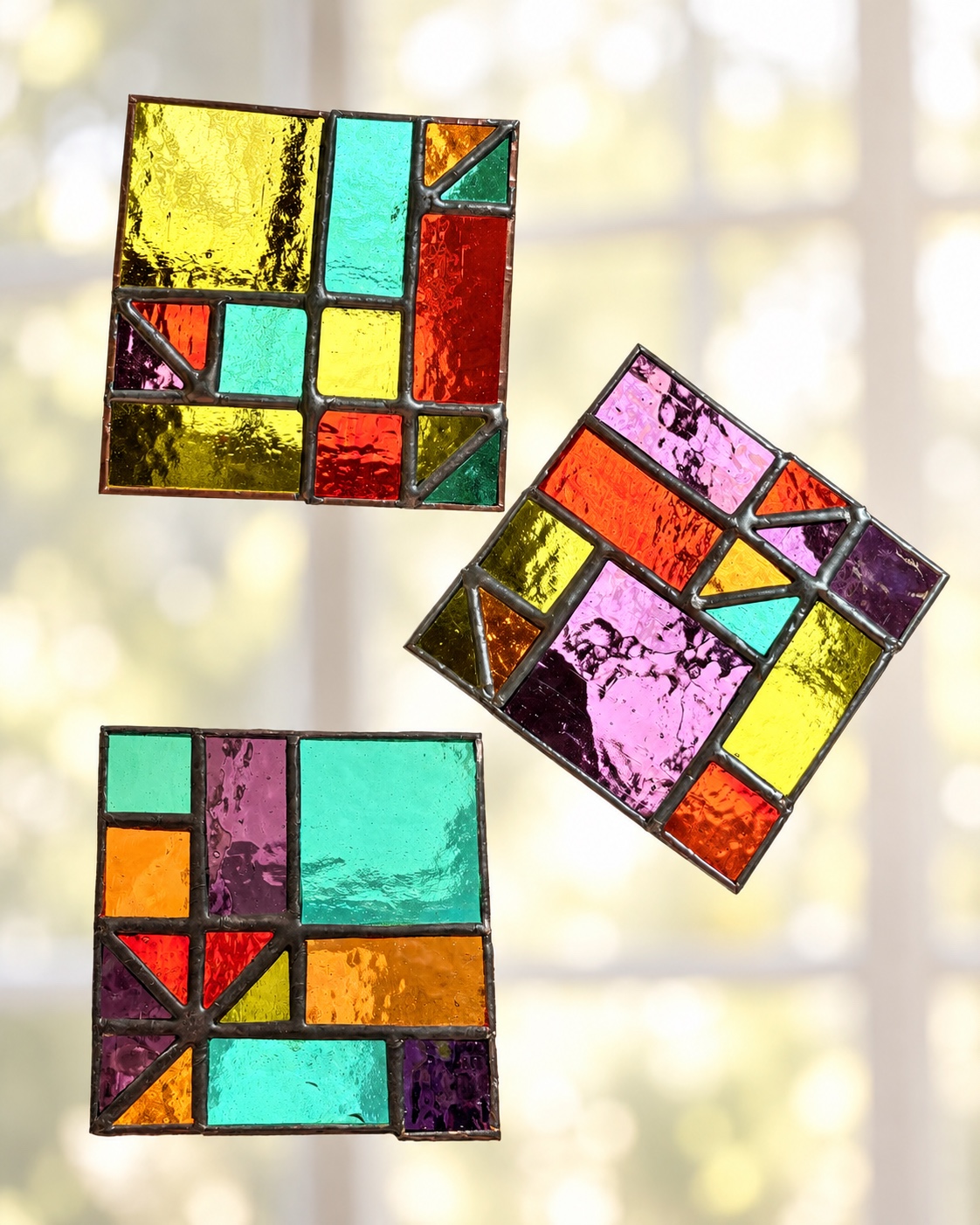 Trei vitralii Tiffany abstracte și colorate